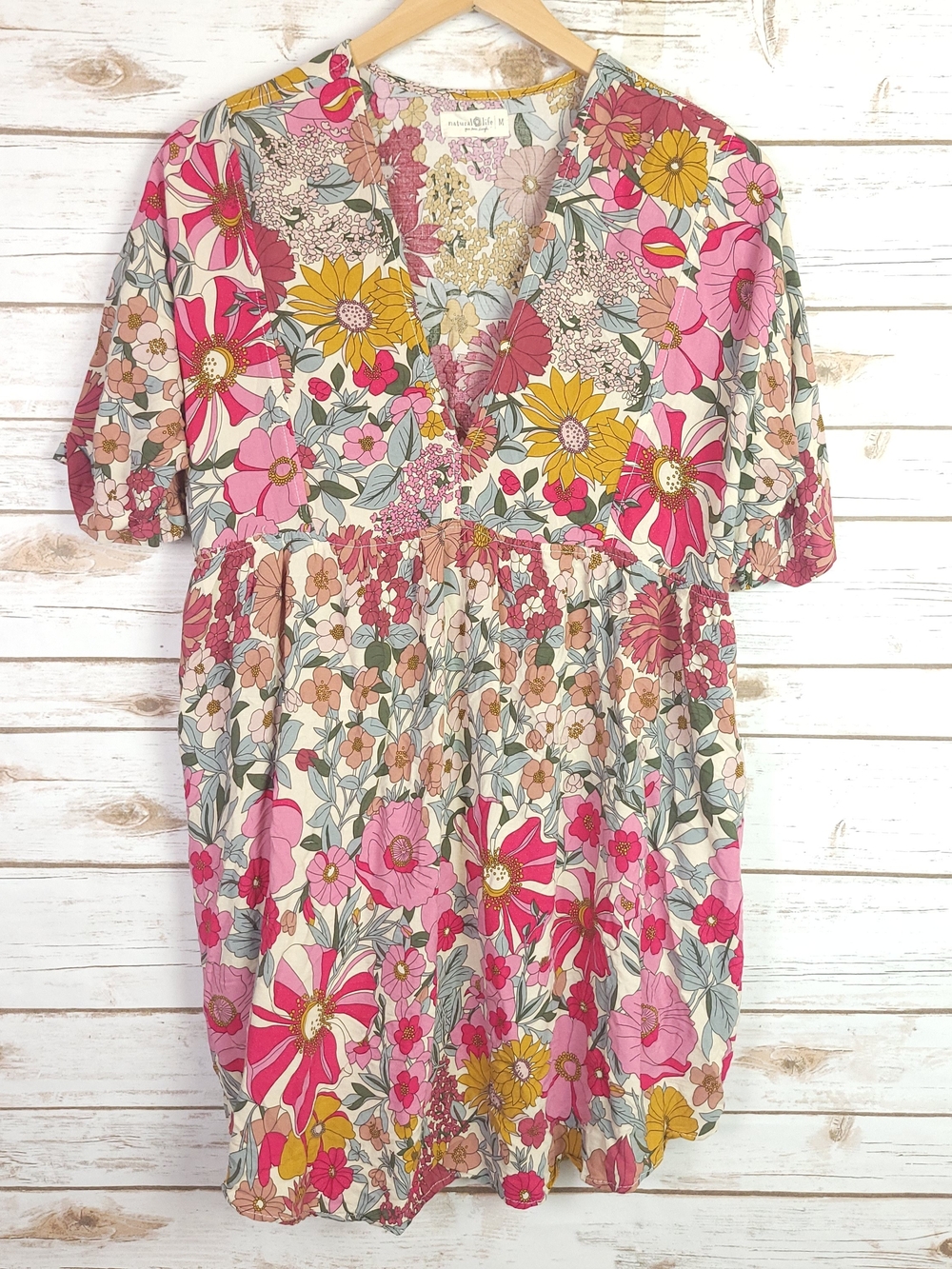 Natural Life Stella V-Neck Tunic Dress Pockets Pink Vintage Floral Size Medium